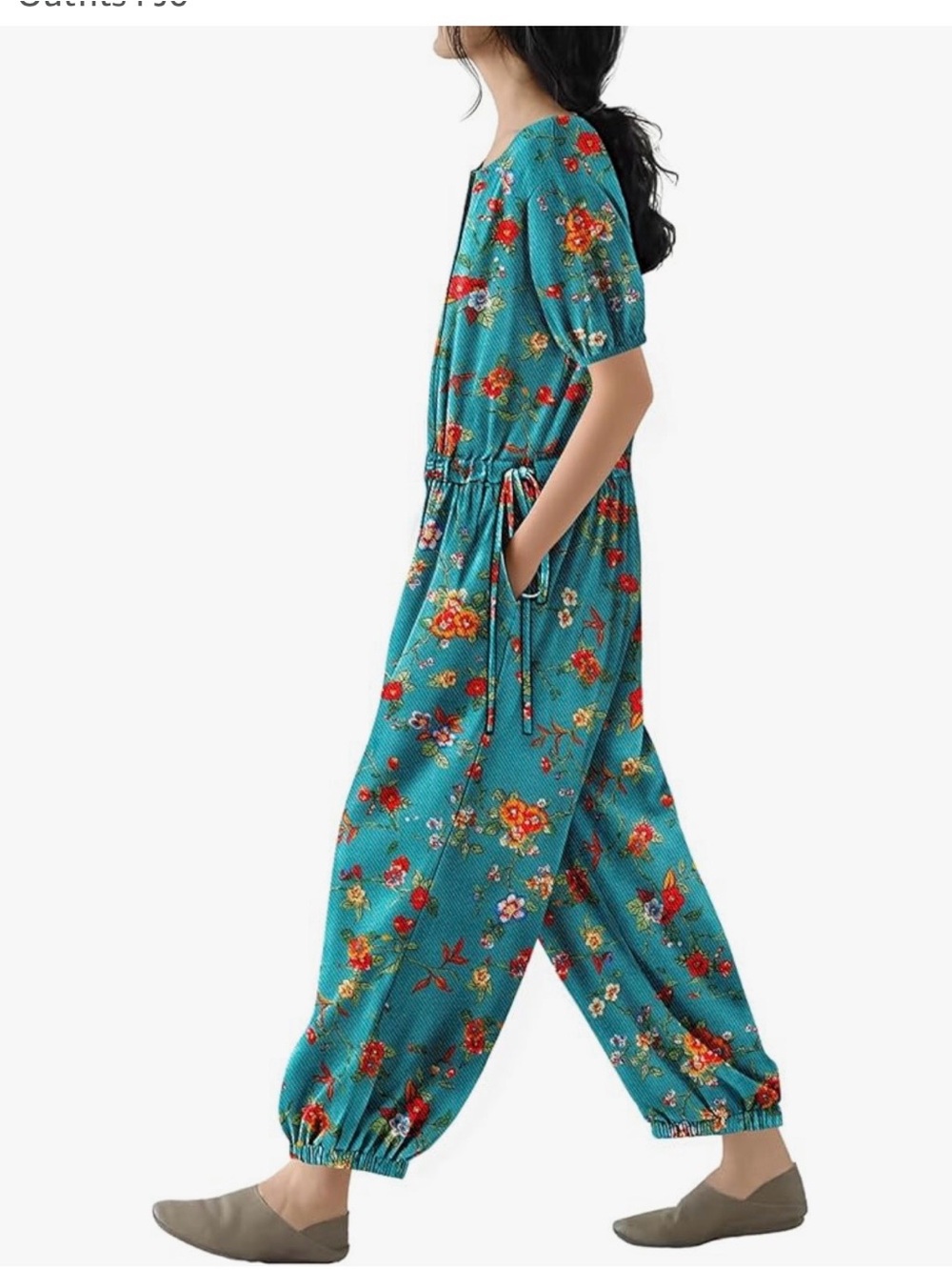 NEW jumpsuit for women casual floral boho cropped drawstring romper short sleeve